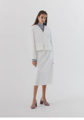 V-Neck Buttoned Linen Blazer with Pocket Detail for Women